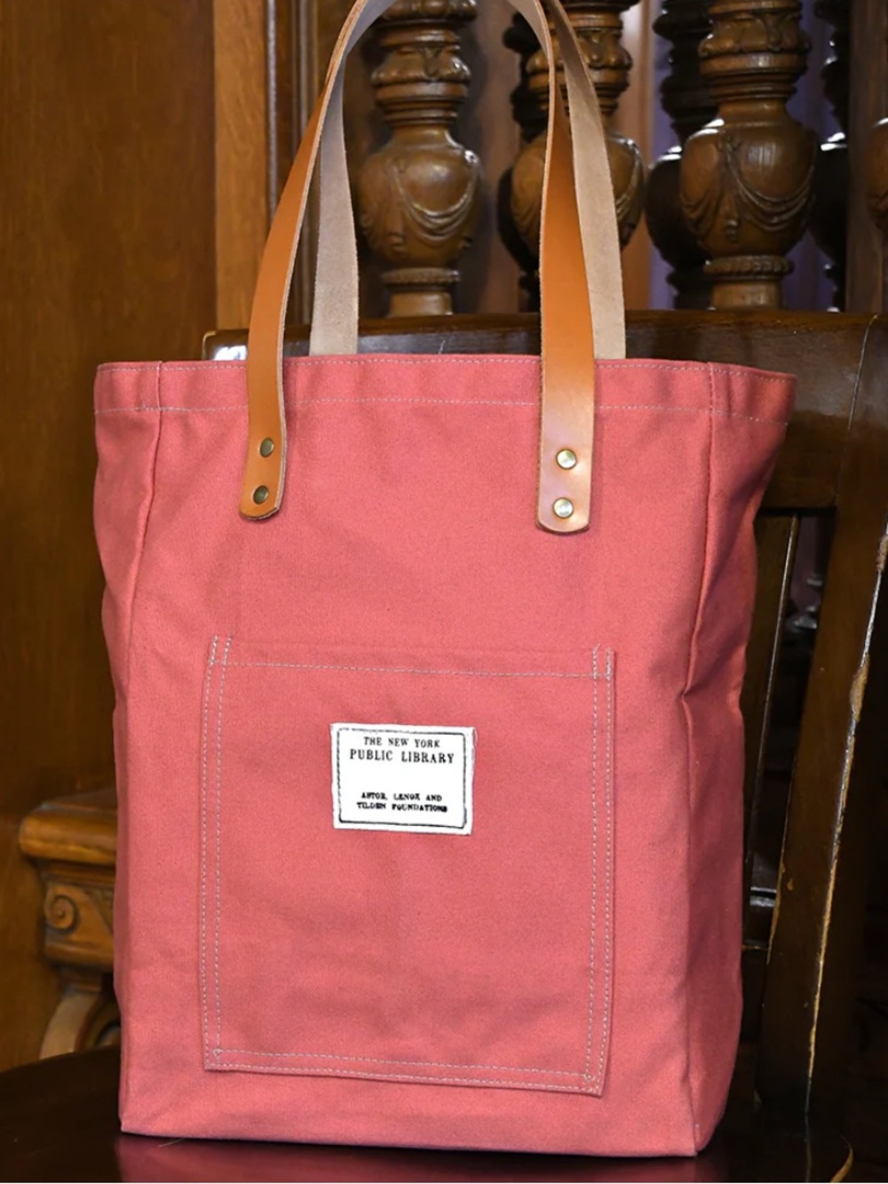 Nantucket Vintage NYPL Stamp bag - Pink canvas with leather handles